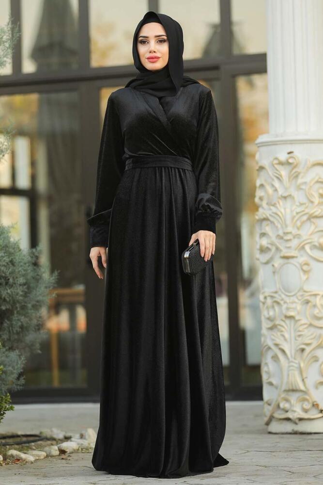 Simli Kadife Siyah Tesettür Abiye Elbise 11030S - 1