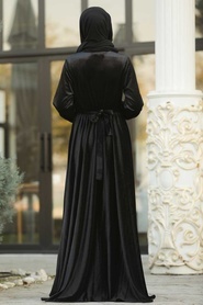 Simli Kadife Siyah Tesettür Abiye Elbise 11030S - Thumbnail