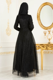 Simli Siyah Tesettür Abiye Elbise 36501S - Thumbnail