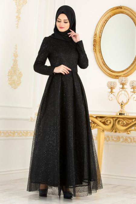 Simli Siyah Tesettür Abiye Elbise 36501S - 2