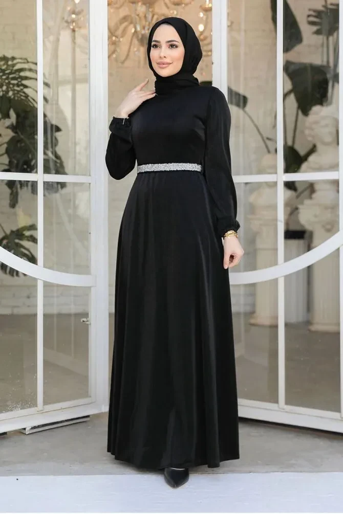  Simli Siyah Tesettür Abiye Elbise 42541S - 1