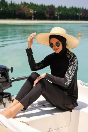 Burkini couvrant intégralement cordon à nouer – Noir M2225S - 1