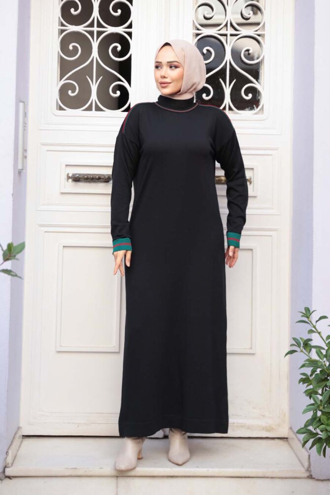 Siyah Merserize Triko Tesettür Elbise 36291S - N.S NEVA STYLE