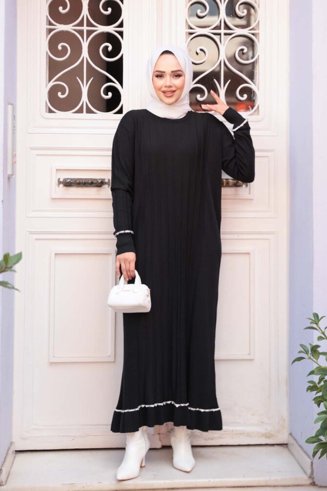 Siyah Merserize Triko Tesettür Elbise 6745S - N.S NEVA STYLE