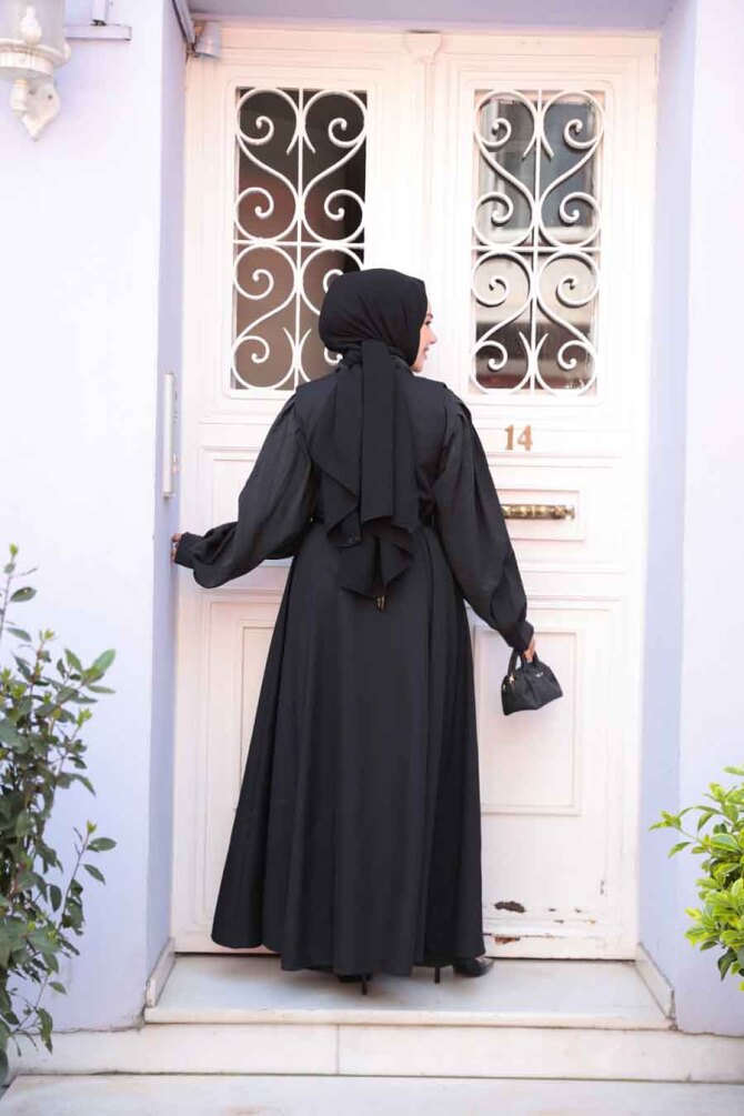 Siyah Tesettür Jile Elbise 30284S - 4