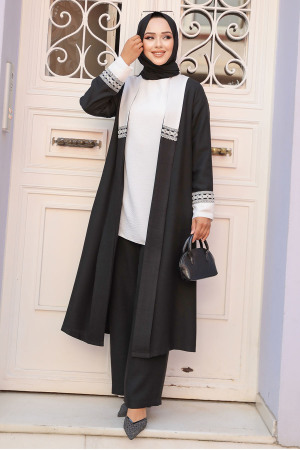 Siyah Tesettür Kimono Üçlü Takım 40208S - 2