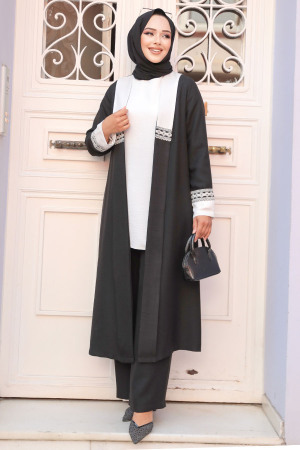 Siyah Tesettür Kimono Üçlü Takım 40208S - 1