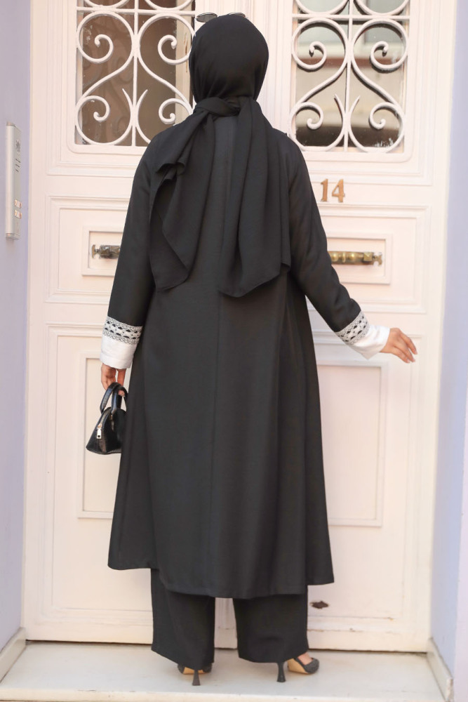 Siyah Tesettür Kimono Üçlü Takım 40208S - 3