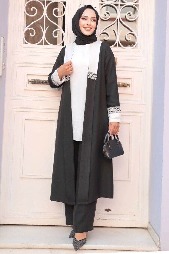 Siyah Tesettür Kimono Üçlü Takım 40208S - 1