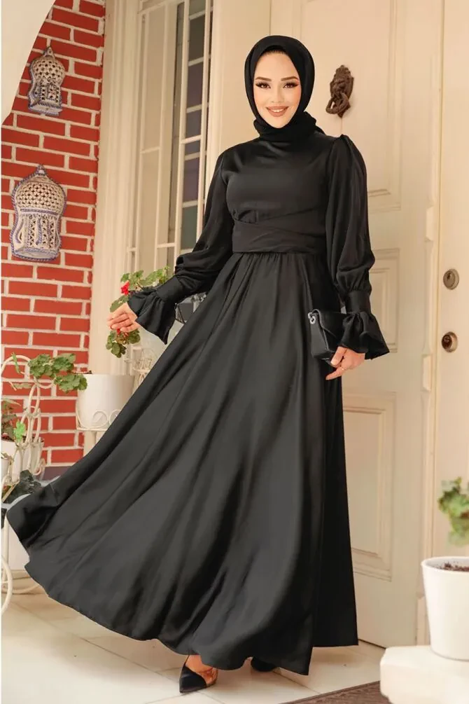 Siyah Tesettür Saten Abiye Elbise 5983S - 1