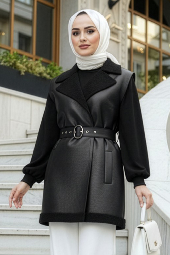 Siyah Tesettür Suni Deri Yelek 62371S - N.S NEVA STYLE
