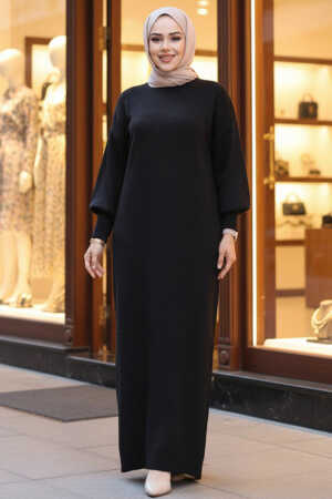 Siyah Tesettür Triko Elbise 17205S - 1