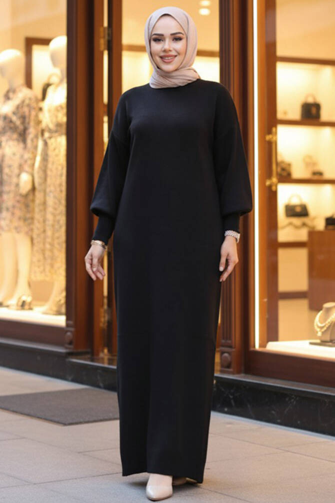 Siyah Tesettür Triko Elbise 17205S - 1