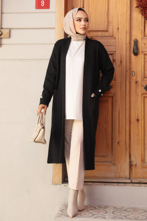 Siyah Tesettür Triko Hırka 35531S - NEVA STYLE