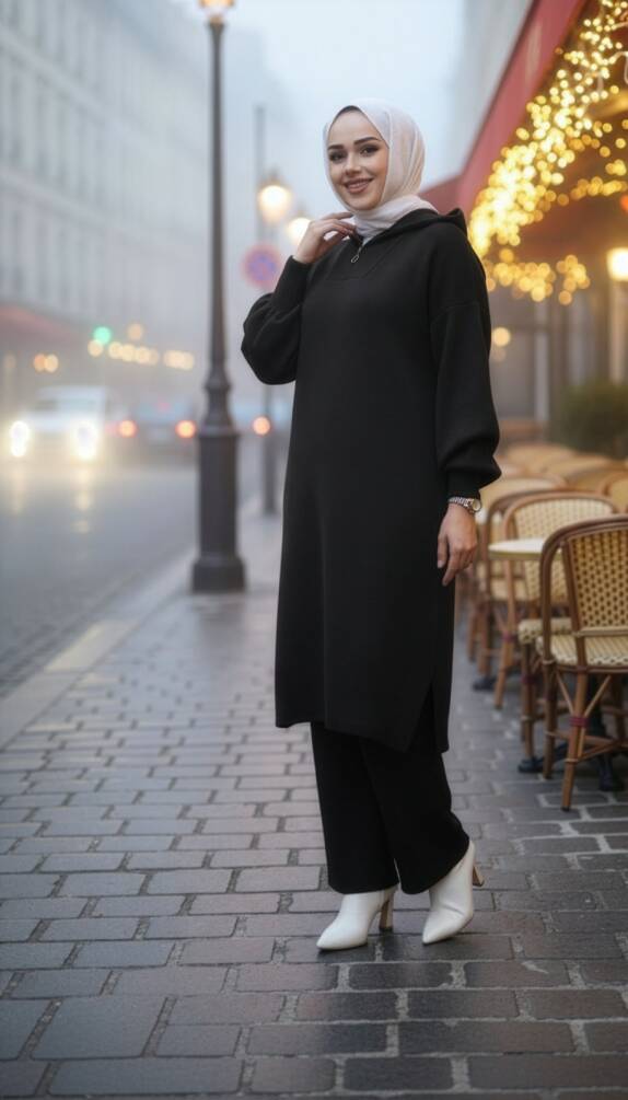 Siyah Tesettür Triko İkili Takım 6036S - 1