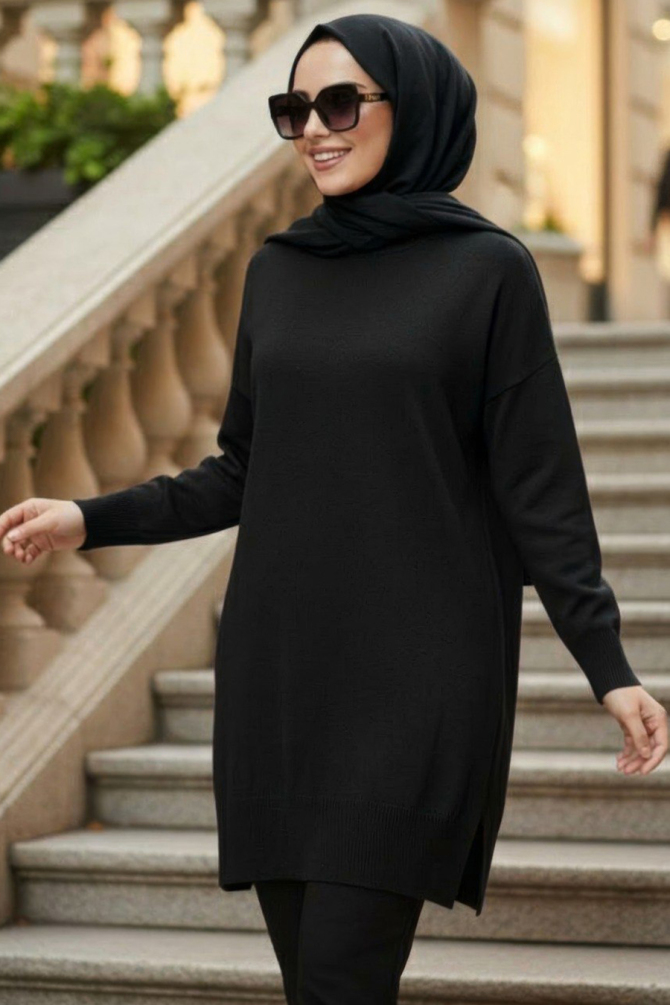 Siyah Tesettür Triko Kazak 10901S - 1