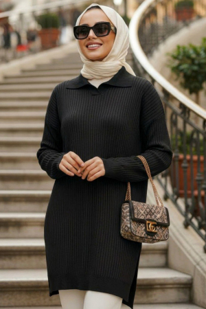 Siyah Tesettür Triko Kazak 10921S - N.S NEVA STYLE