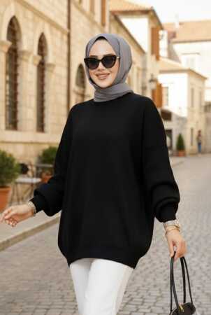 Siyah Tesettür Triko Kazak Tunik 17201S - 1