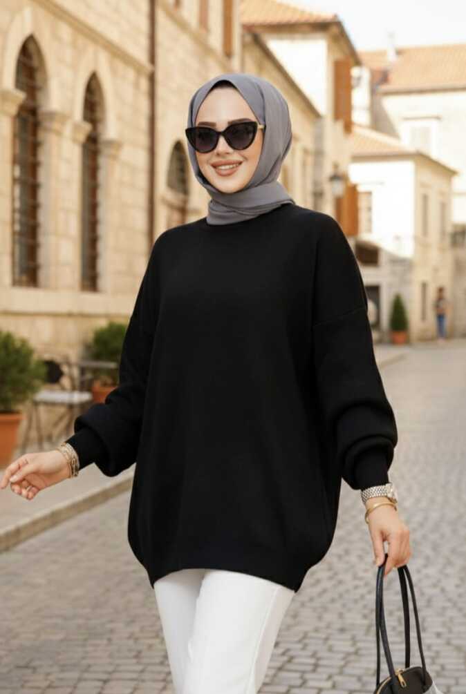 Siyah Tesettür Triko Kazak Tunik 17201S - 1