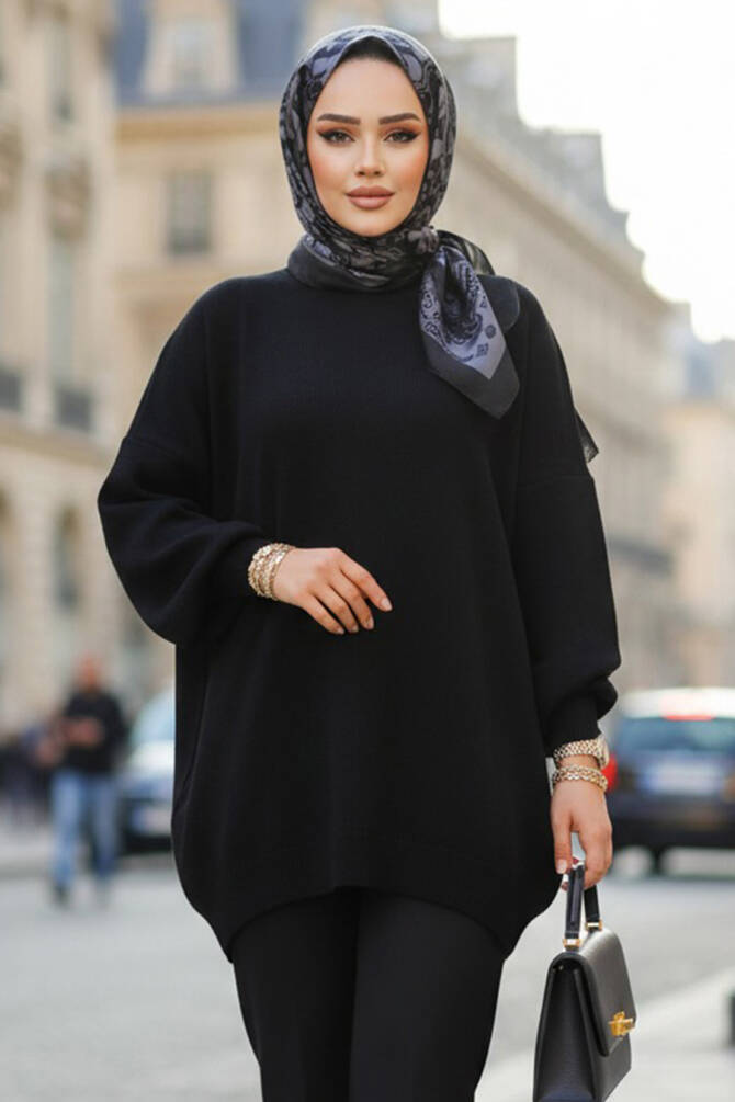 Siyah Tesettür Triko Kazak Tunik 17201S - 1