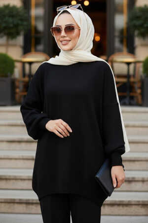 Siyah Tesettür Triko Kazak Tunik 17201S - 1