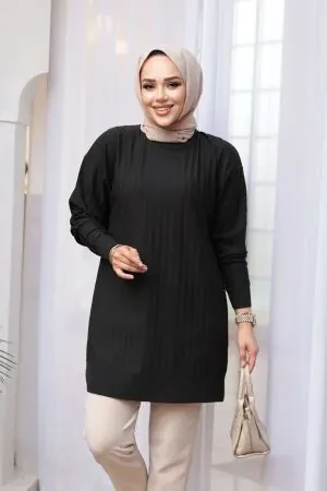 Siyah Tesettür Triko Kazak Tunik 17210S 