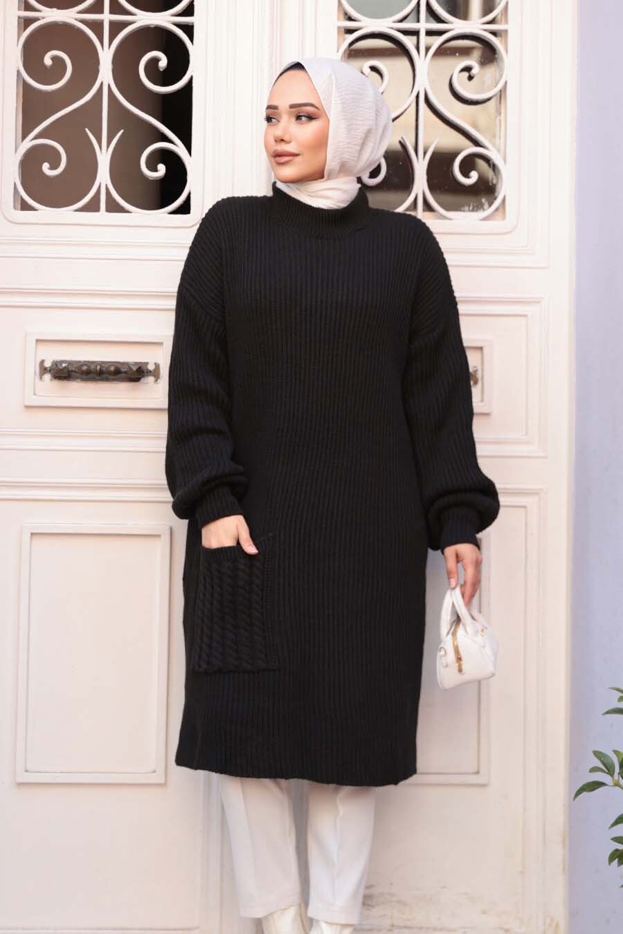 Siyah Tesettür Triko Kazak Tunik 27501S