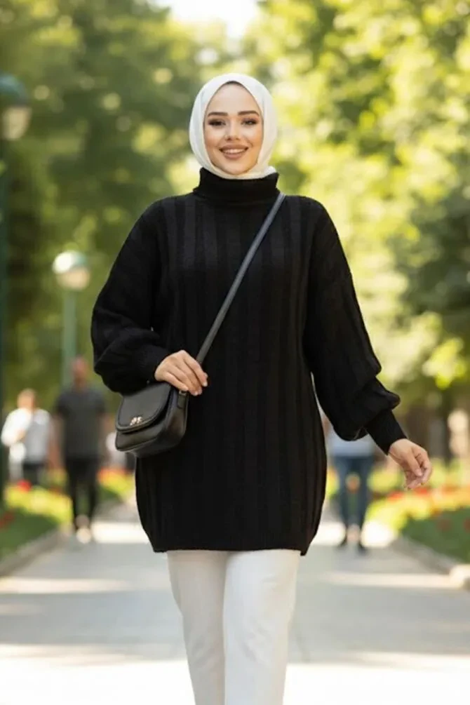 Siyah Tesettür Triko Kazak Tunik 27502S - 1