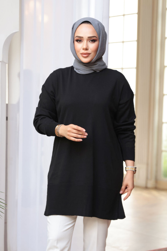 Siyah Tesettür Triko Kazak Tunik 2822S - 1