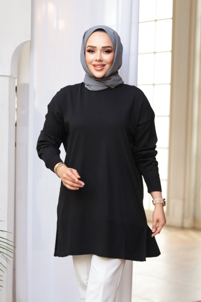 Siyah Tesettür Triko Kazak Tunik 2822S - 2