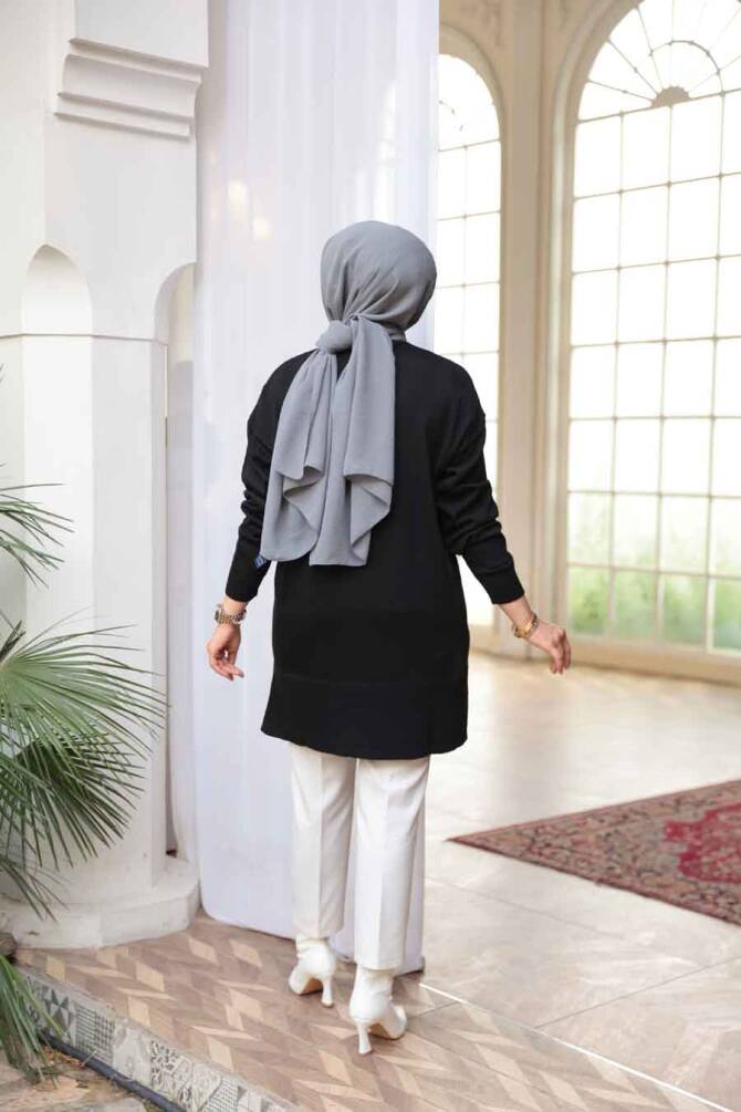 Siyah Tesettür Triko Kazak Tunik 2822S - 3