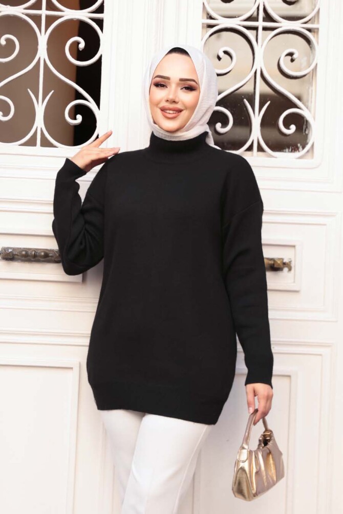 Siyah Tesettür Triko Kazak Tunik 5374S - 3