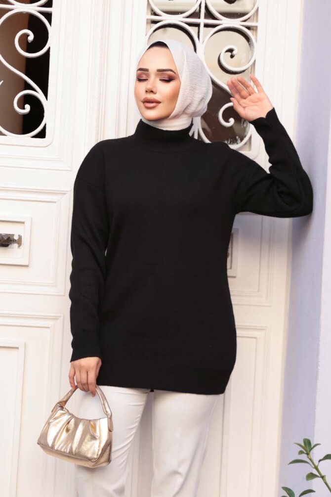 Siyah Tesettür Triko Kazak Tunik 5374S - 2