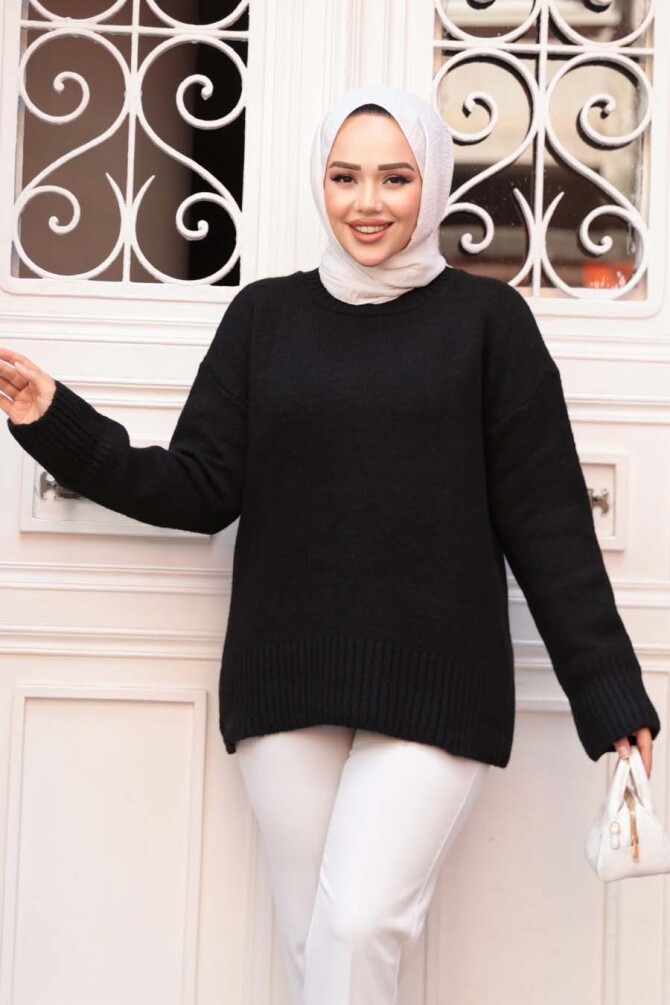 Siyah Tesettür Triko Kazak Tunik 55551S - 1