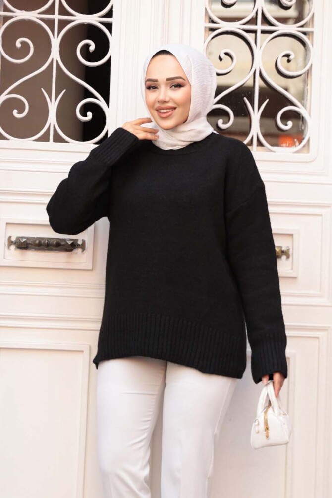 Siyah Tesettür Triko Kazak Tunik 55551S - 2