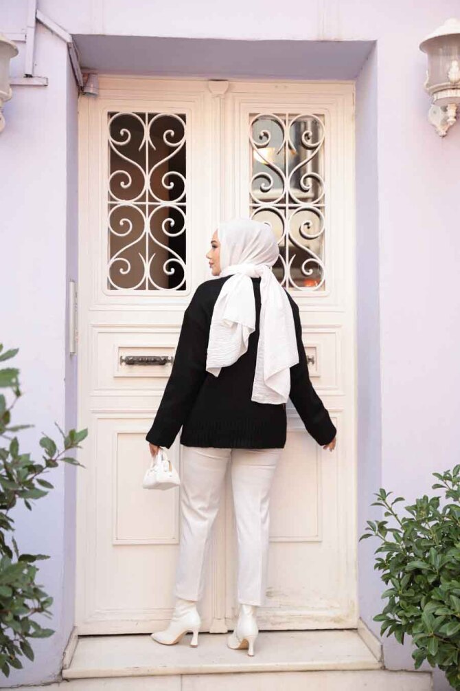 Siyah Tesettür Triko Kazak Tunik 55551S - 3