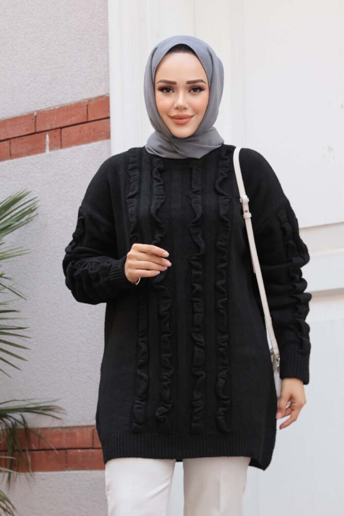 Siyah Tesettür Triko Kazak Tunik 87703S - 2
