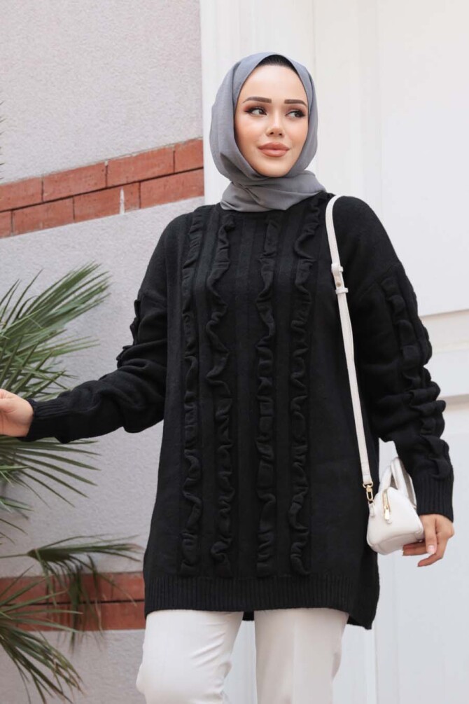 Siyah Tesettür Triko Kazak Tunik 87703S - 1
