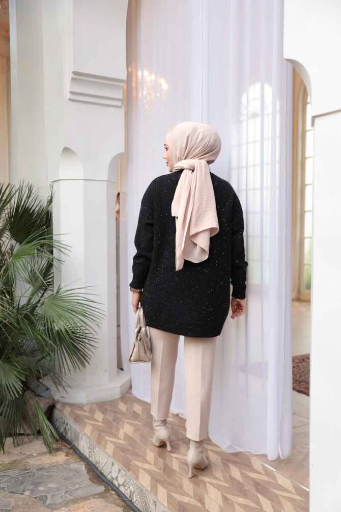 Siyah Tesettür Triko Kazak Tunik 8824S - 3