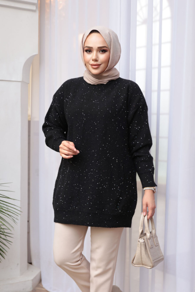 Siyah Tesettür Triko Kazak Tunik 8824S - 2
