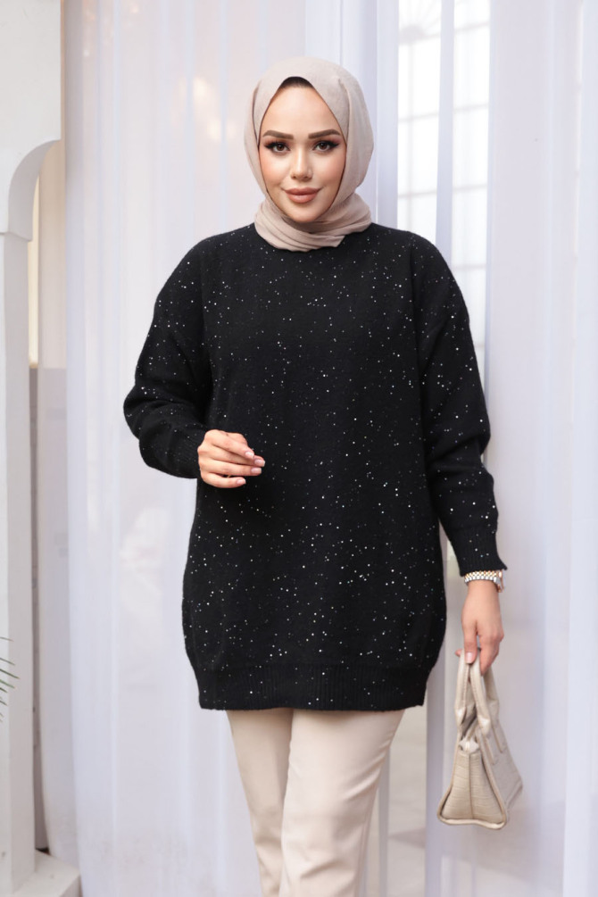 Siyah Tesettür Triko Kazak Tunik 8824S - 1