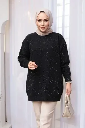 Siyah Tesettür Triko Kazak Tunik 8824S 