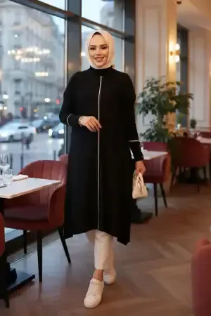 Siyah Tesettür Triko Panço Tunik 58651S - 1