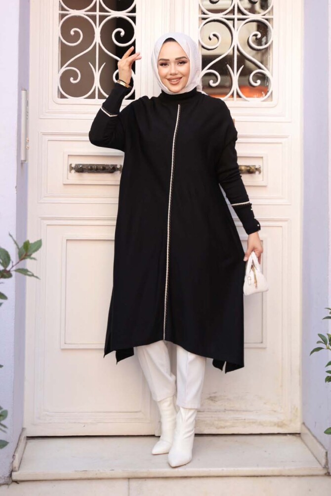 Siyah Tesettür Triko Panço Tunik 58651S - N.S NEVA STYLE