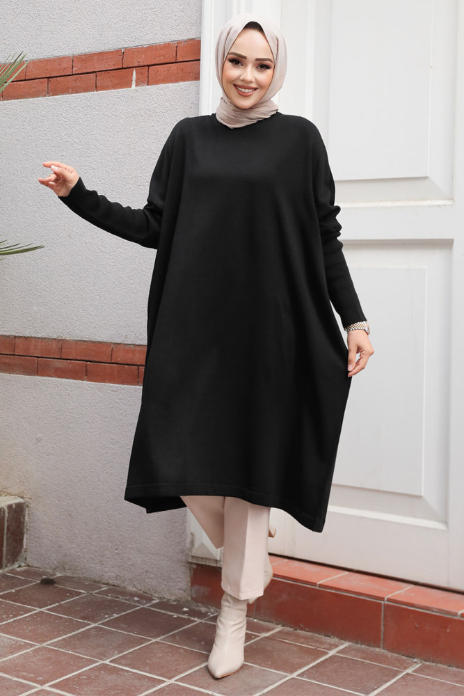 Siyah Tesettür Triko Tunik 70082S - 2