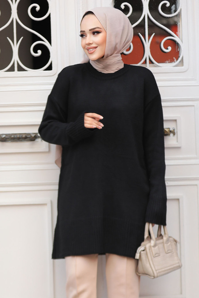 Siyah Tesettür Triko Tunik Kazak 71501S - 2