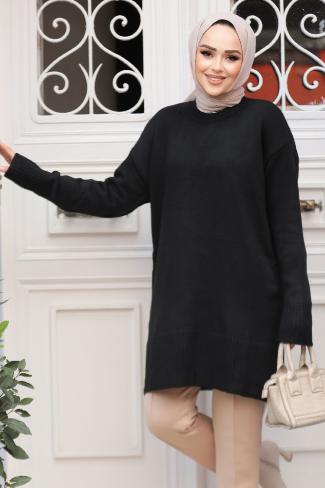 Siyah Tesettür Triko Tunik Kazak 71501S - 1