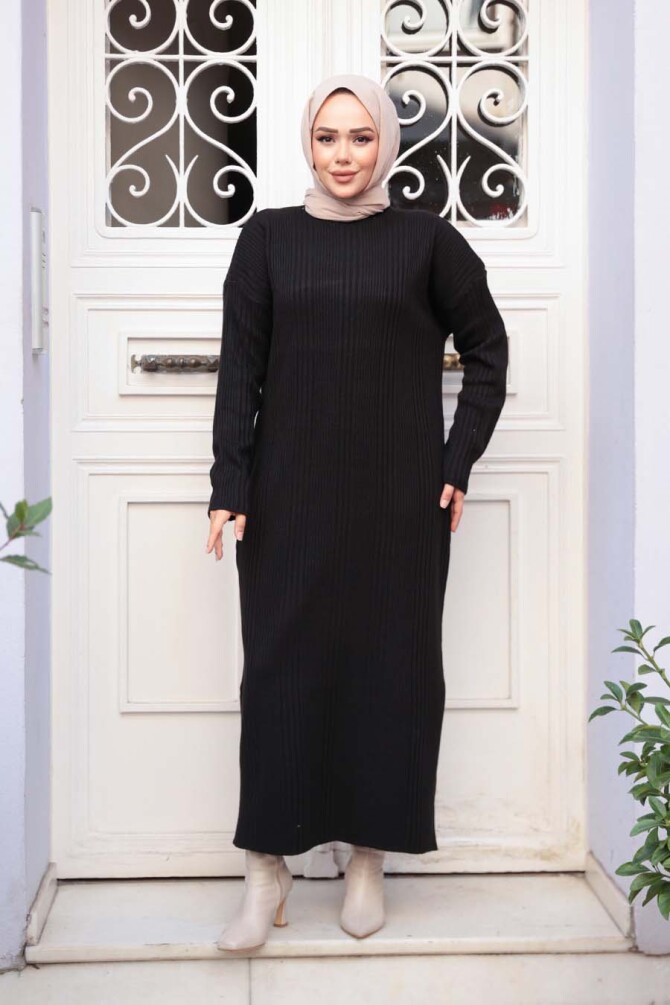 Siyah Triko Tesettür Elbise 27504S - N.S NEVA STYLE