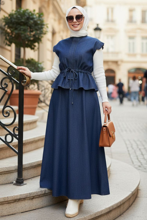 Skirted Navy Blue Modest Denim Two-Piece Set 19049L - 1