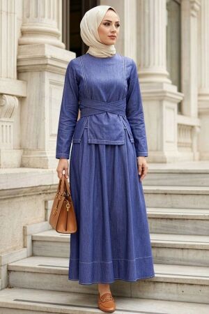 Skirted Navy Blue Modest Denim Two-Piece Set 6288L 